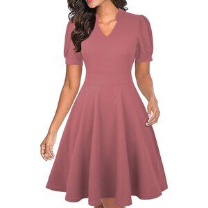 Womens Pink Short Puff Sleeve Flare Semi-Formal Summer Dress With Pockets